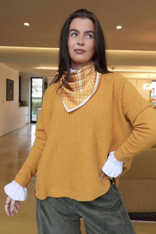 Plaid & Polka Border Triangle Silk Neckerchief Dijon